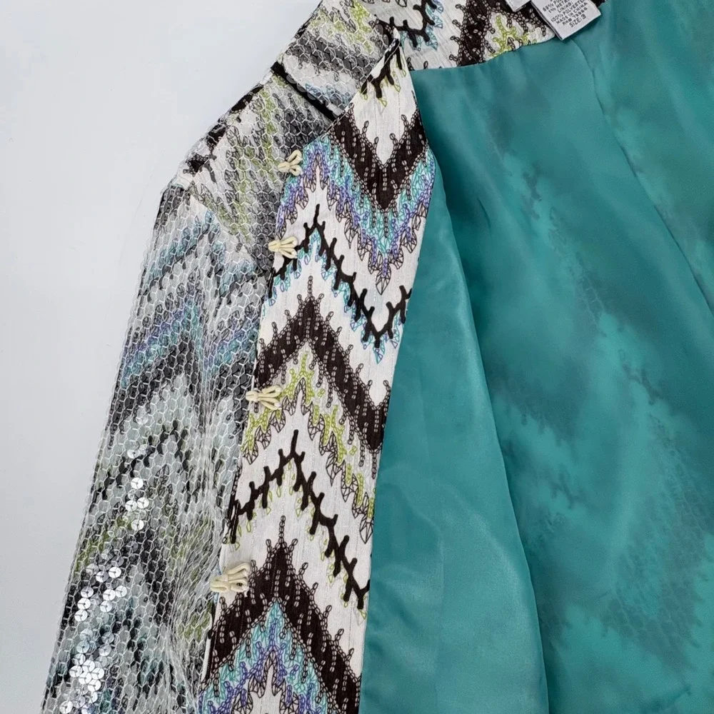 Chicos Sequin Chevron Zigzag Jacket Blue Green Metallic Hook Eye‎ Size 3 XL